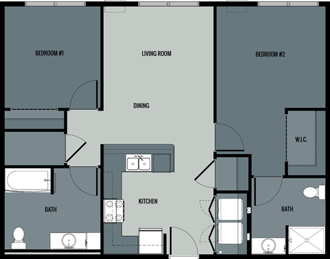 Floor plan for 2 beds, 1 bath, 935 sqft
